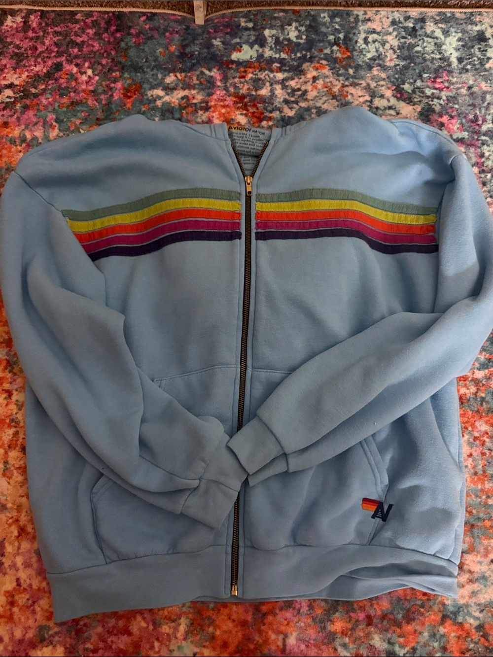 Aviator Nation: Sky Blue Hoodie with Rainbow Stripe 'N' Logo